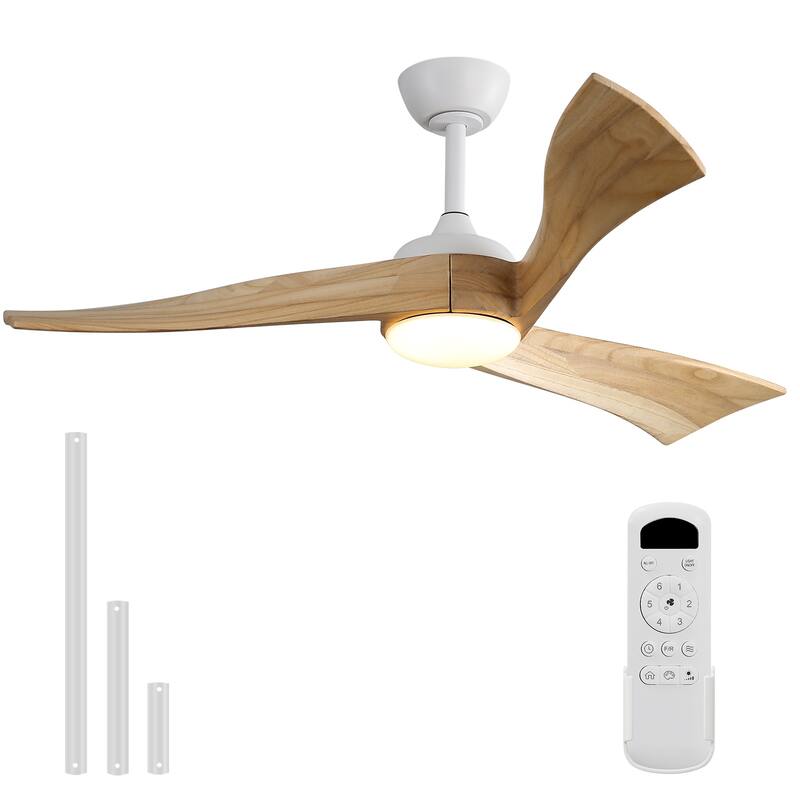 Sofucor 52 Inch Farmhouse Indoor&Outdoor Ceiling Fan with Remote,LED Light Optional - With Light - White with Natural Wood Blades
