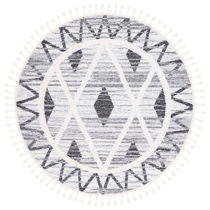 SAFAVIEH Moroccan Tassel Shag Massouma 2-inch Thick Rug - 6'7" Round - Grey/Ivory