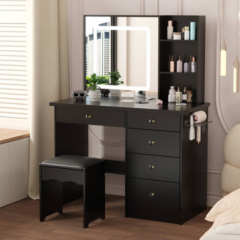 Vanity Desk Lighted Mirror Makeup Vanity Table Set w/Charging Station