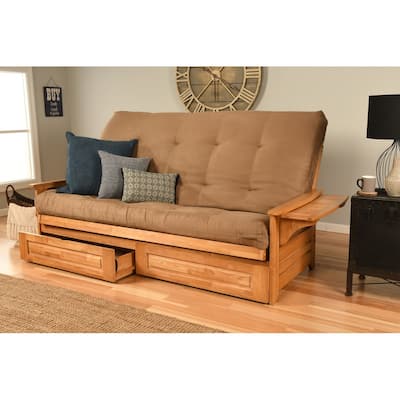 Somette Phoenix Queen-size Storage Futon Set in Butternut Finish with Suede Mattress