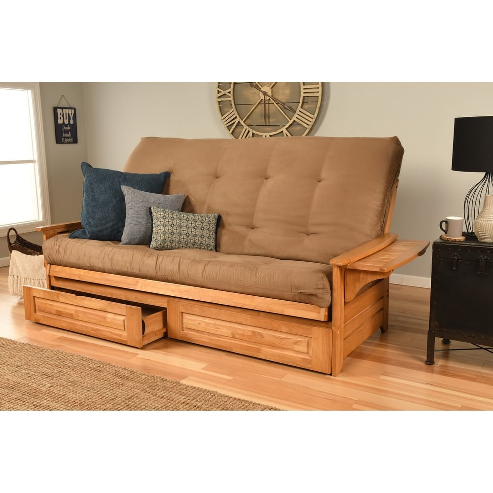Somette Phoenix Queen-size Storage Futon Set in Butternut Finish with Suede Mattress