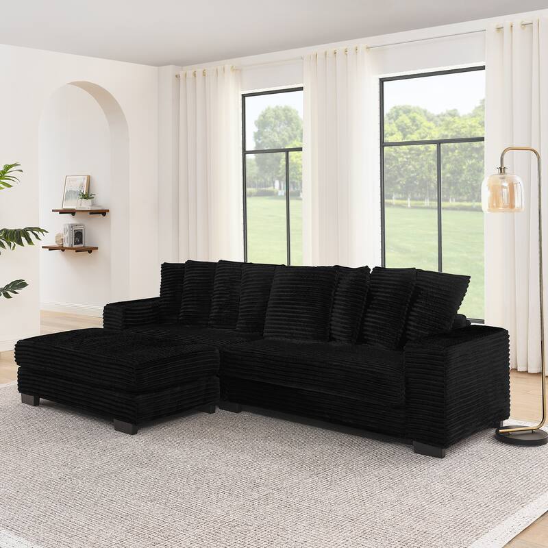 L-Shaped Convertible Sectional Sofa with Ottoman, Corduroy Tufted Upholstered Sleeper Sofa, Modular Corner 3 Seat Sofa