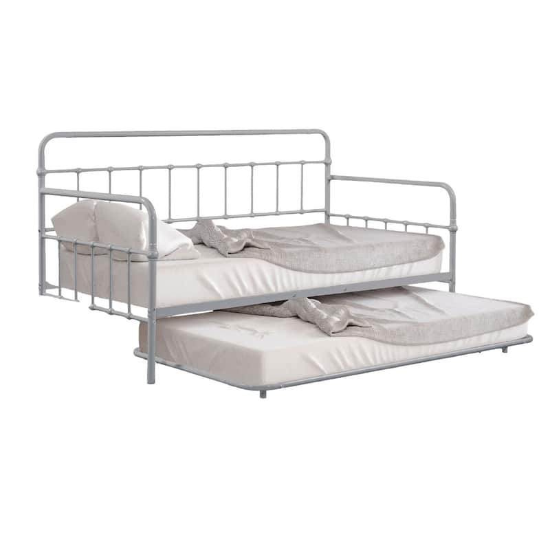 Contemporary Silver Twin Metal Daybed with Trundle, Full Metal Construction, Mattress Ready