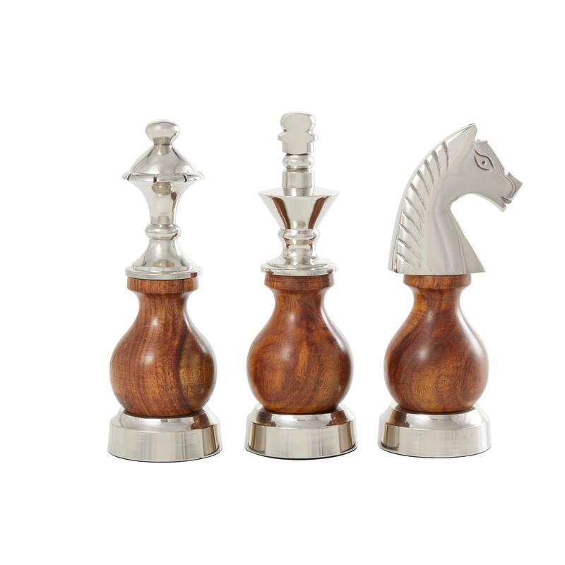 Bold Aluminum Metal King, Knight, Bishop Chess Sculpture (Set of 3) - Gray or Brown