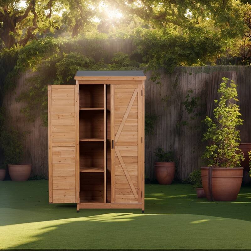 Outdoor Wooden Storage Shed with Metal Top Tall Vertical Tool Cabinet for Backyard Garden Patio Lawn