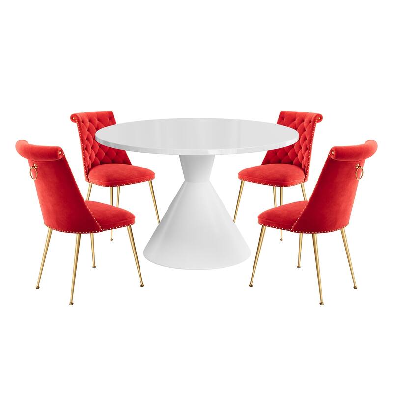 48" Light Luxury White High Gloss Large Countertop Dining Table with Velvet Dining Chair Set