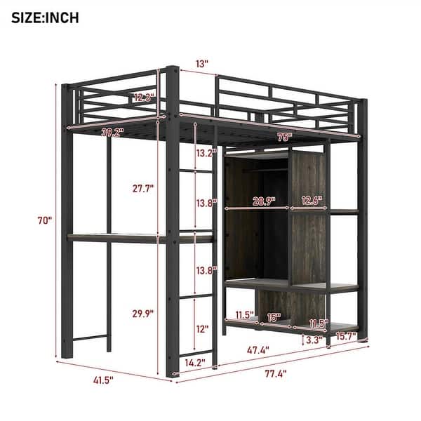 dimension image slide 1 of 2, Metal Loft Bed with Built-in Wardrobe and Storage Shelves, Twin Size Loft Bedframe with Bulit-in Desk and Hanging Rod for Kids