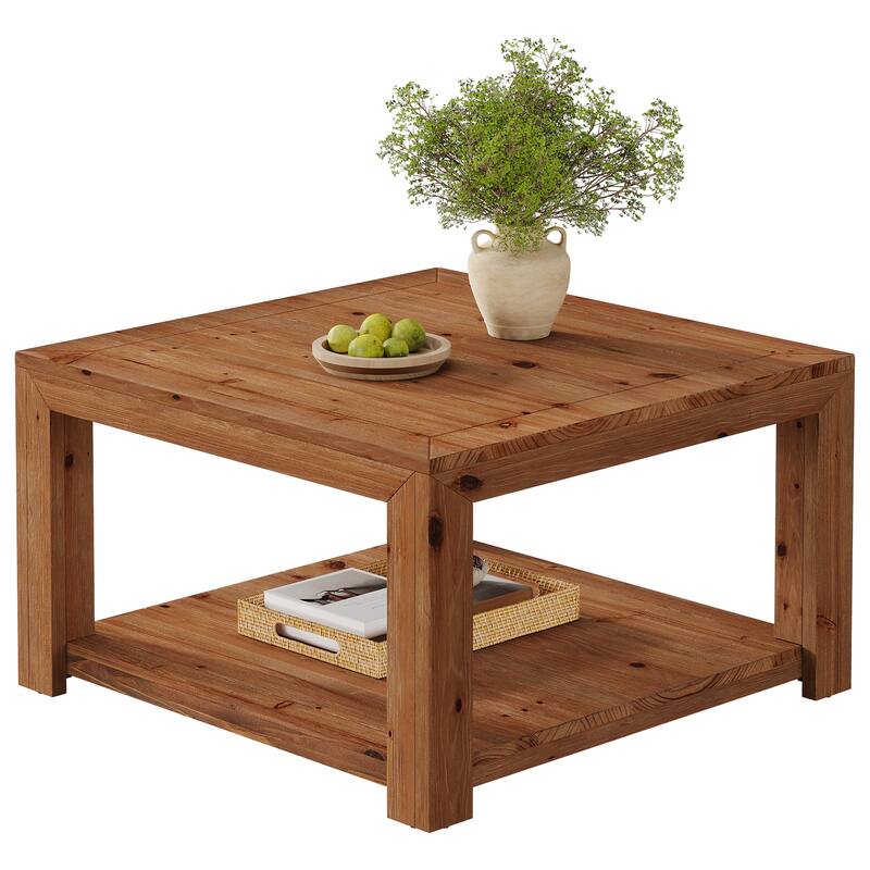 Square Coffee Table with Storage, 31.5-inch Solid Wood Center Table