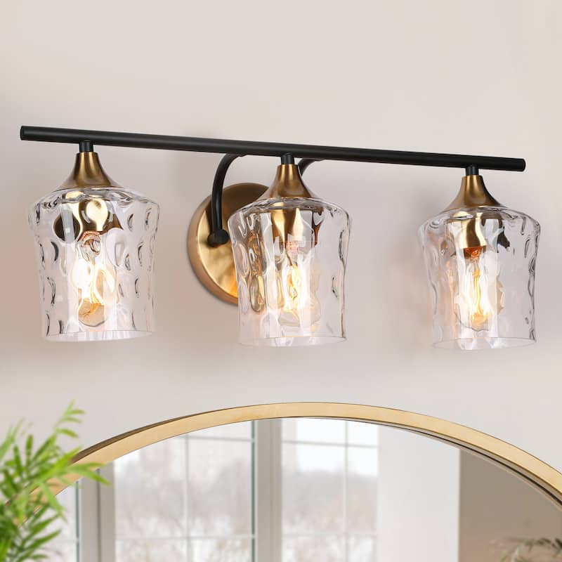 Modern Black Gold Bathroom Vanity Light Hammered Glass Wall Sconces - 20.5" - Seeded