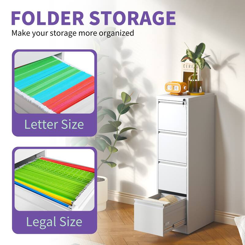 Modern Filing Cabinet, Vertical Filing Cabinet with 4 Drawers, Anti-Tilt System and Locks, for Home Office, White