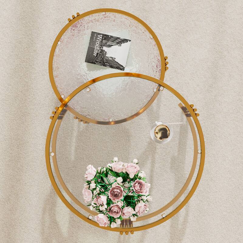 2-Piece Nesting Coffee Table Set, Round Glass Top Center Table with Lower Shelf, 2-Tier Metal Frame Storage Accent Tables