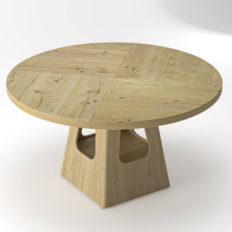 47" Round Farmhouse Dining Table with Storage Base & Wooden Tabletop for 4-6