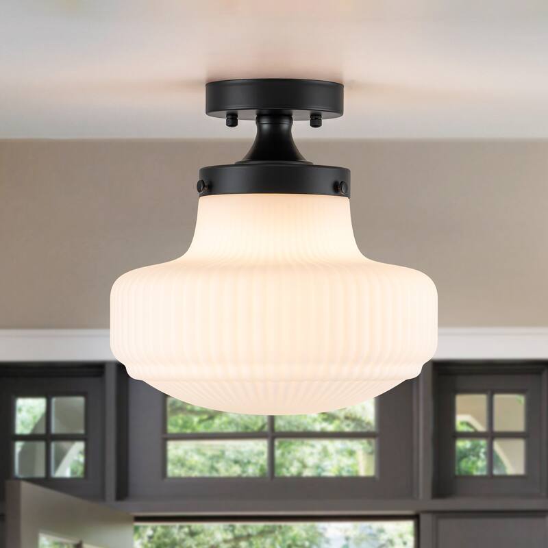 Modern 1-Light Opal Glass Semi Flush Mount - Black - 11-in W x 11-in H