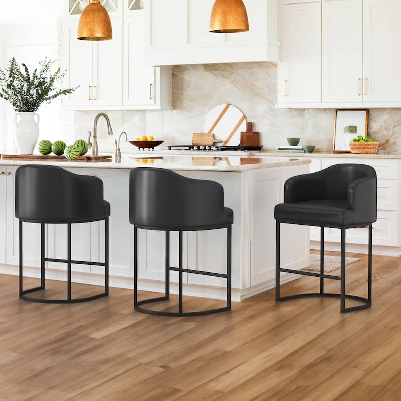26.in Modern Set of 3 Barstool Fabric/Leather Upholstered Counter Height Stool with Metal Frame for Kitchen Island - Black/Faux Leather