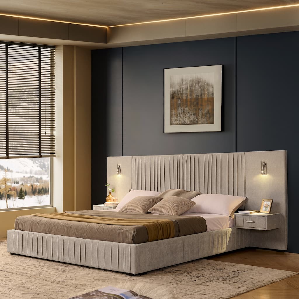 King Size Upholstered Platform Bed with Headboard, Bedside Table, and Adjustable Lamps, Beige