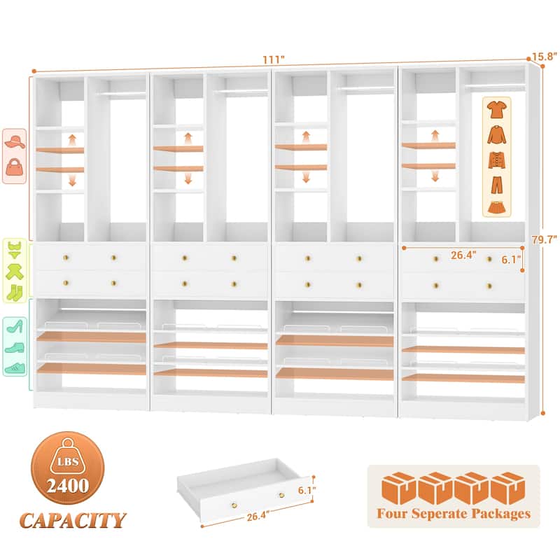 27.7'' Closet Organizer with Shoe Racks and Drawers, Closet System with Hanging Rod and Adjustable Shelves