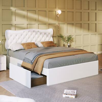 White Full Size Bed Frame with 4 Storage Drawers, Upholstered Platform Heavy Duty Bed
