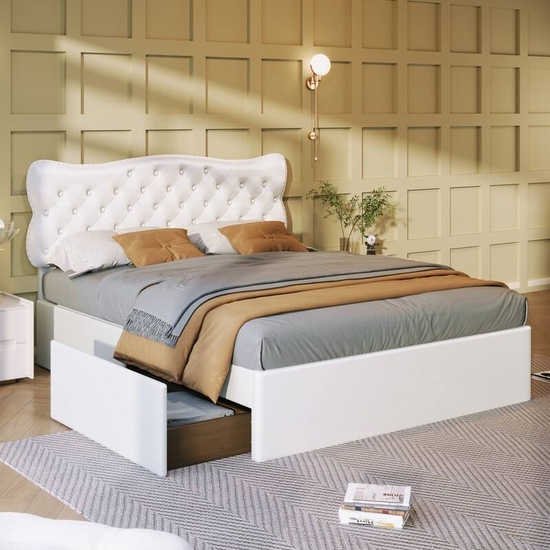 White Full Size Bed Frame with 4 Storage Drawers, Upholstered Platform Heavy Duty Bed