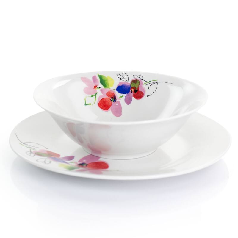 Gibson Home Vineyard Rose 12 Piece Round Fine Ceramic Dinnerware Set in White
