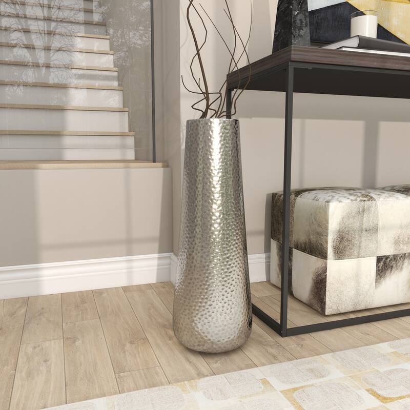 Silver Aluminum Metal Tall Hammered Vase