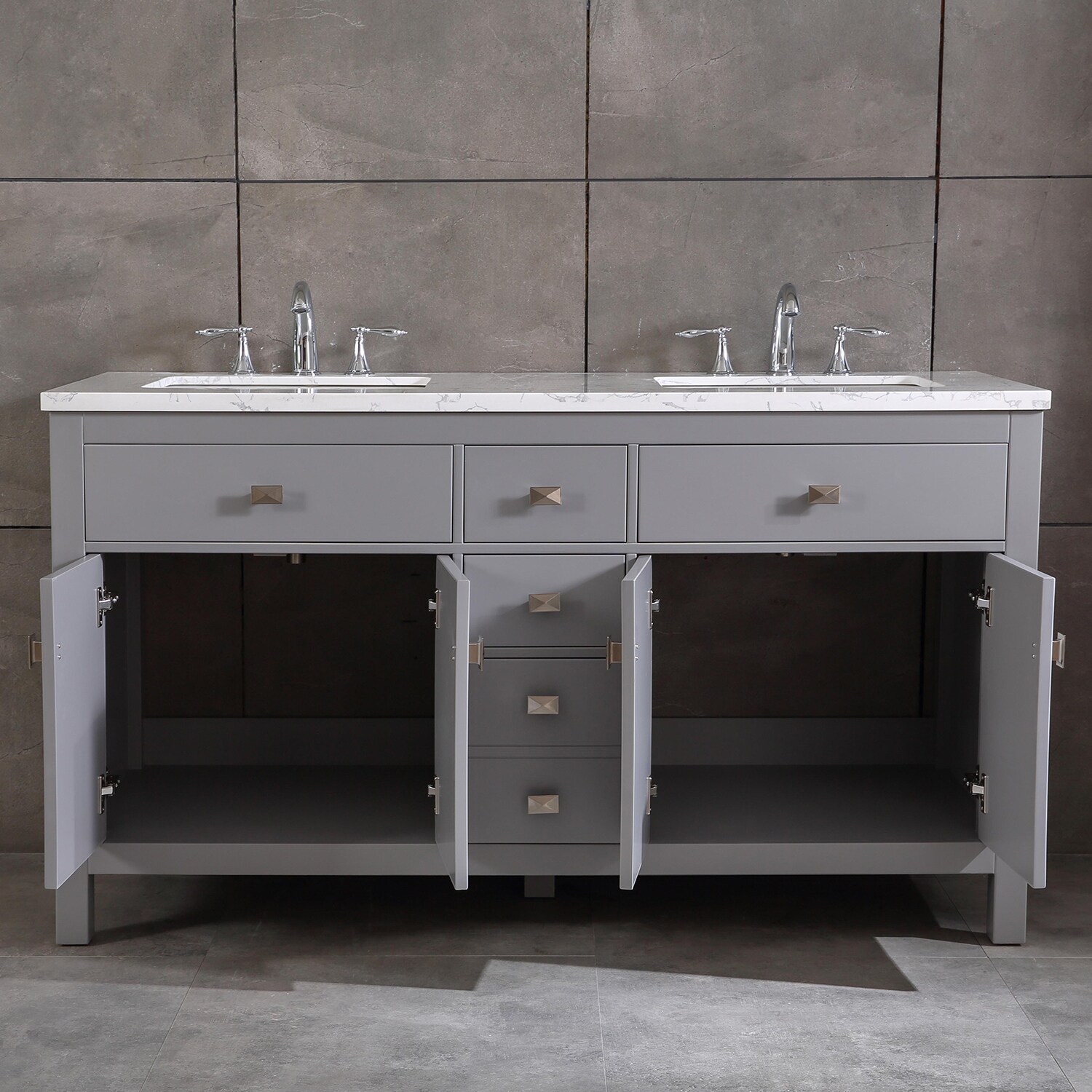 Totti Memphis 60 Gray Transitional Double Sink Bathroom Vanity W White Carrara Style Man Made Stone Top Overstock 32352438