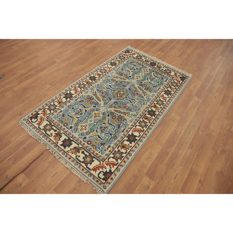 Hand-knotted Transitional Wool Carpet Blue Oushak Rug Oriental Carpet Floral Area Rug Oriental Carpet - 5' 1'' X 3' 0''
