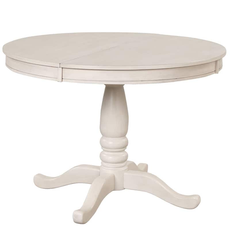 Wooden Round Drop Leaf Extendable Dining Table Set with 4 Upholstered Chairs