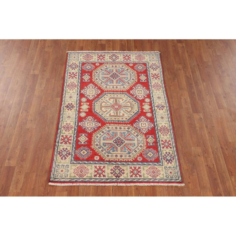 Geometric Kazak Oriental Accent Rug Handmade Red Wool Carpet - 3'5" x 4'11"