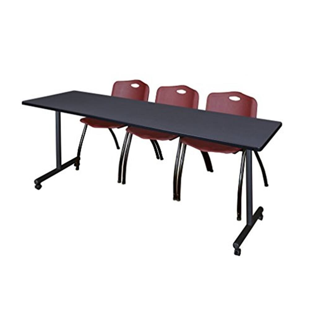 84" x 24" Mobile Training Table- Grey & 3 'M' Stack Chairs- Burgundy
