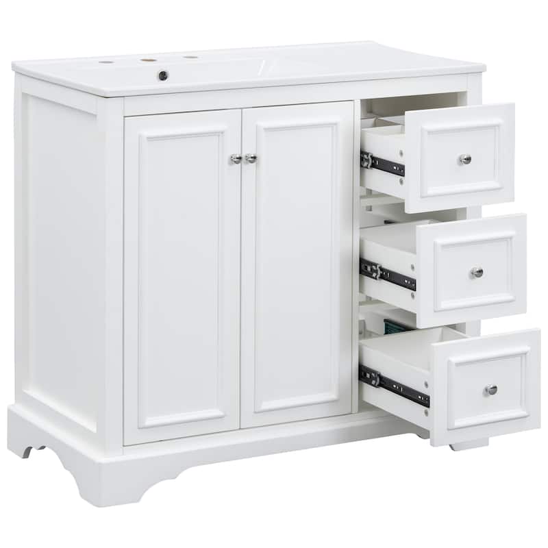 Roomfitters 36" Transitional Bathroom Vanity with Ceramic Sink, 2 Soft-Close Doors, Adjustable Shelf and 3 Drawers