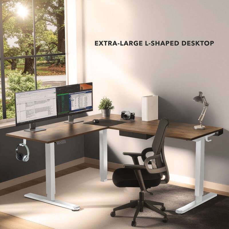 Mount-It! XL 75"W Electric Corner Adjustable Standing Desk, Brown/White (MI-15028)