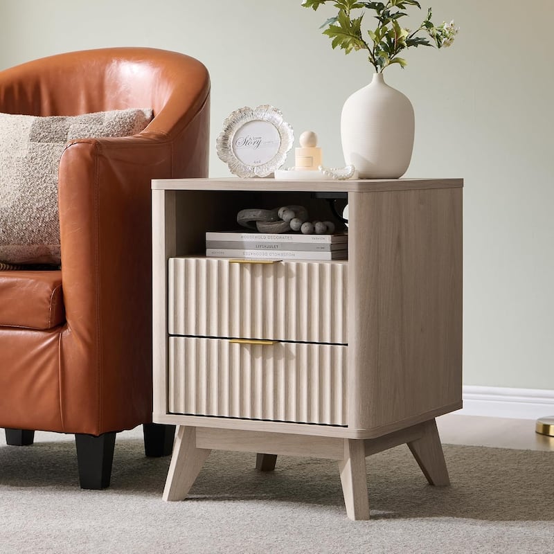 Modern Fluted Nightstand with Faux Marble Top, Side Table, End Table