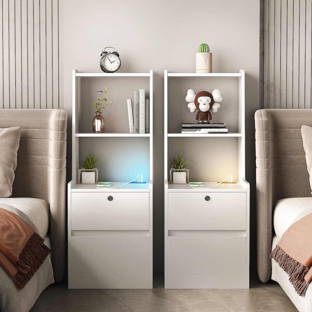 Nightstands Set of 2, with Charging Station, Smart Nightstand with Night Light, Modern Night Stand with Bookshelf