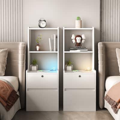 Nightstands Set of 2 with Charging Station, Smart Nightstand with Night Light & Bookshelf, Bedside Tables with Storage Cabinet