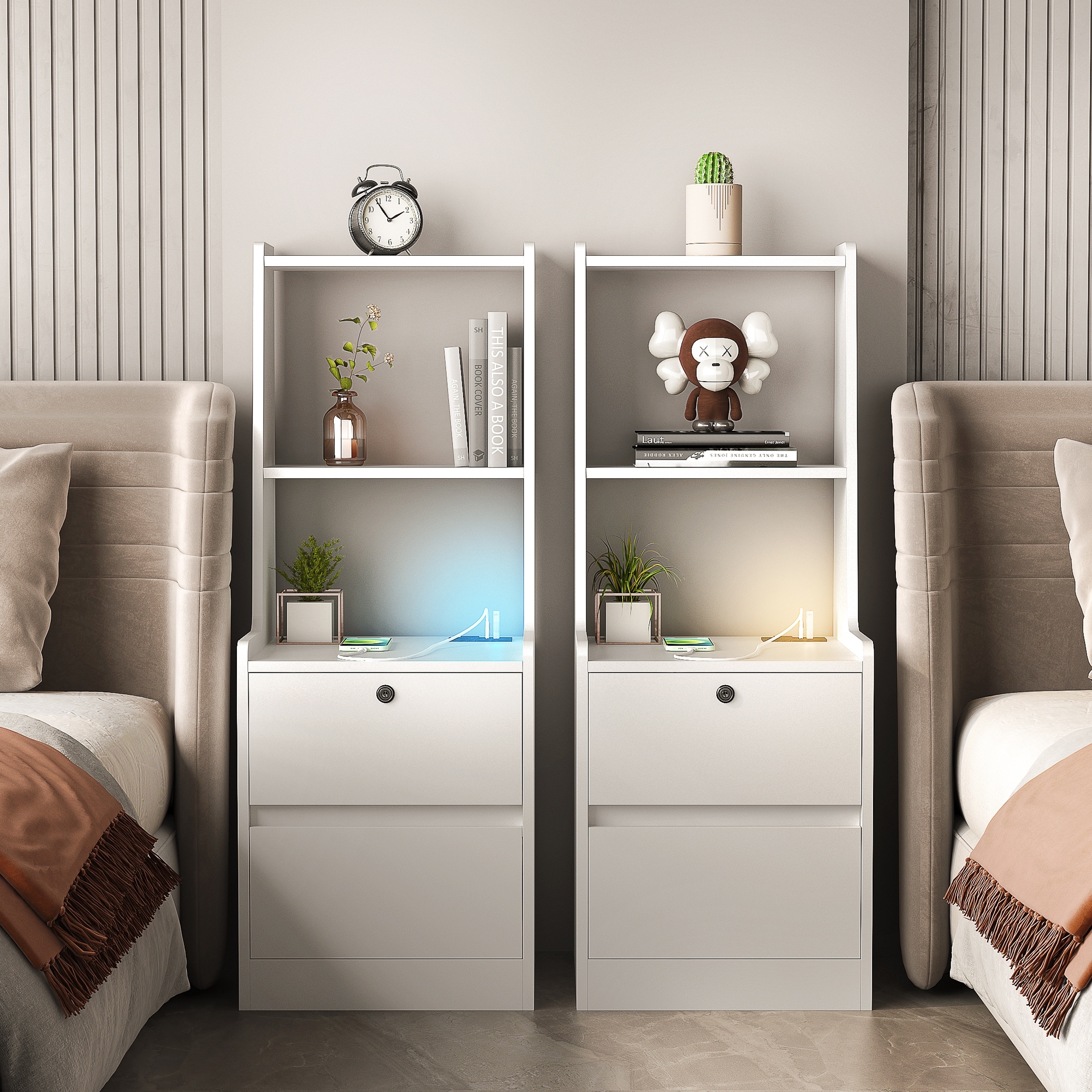 Nightstands Set of 2 with Charging Station, Smart Nightstand with Night Light & Bookshelf, Bedside Tables with Storage Cabinet