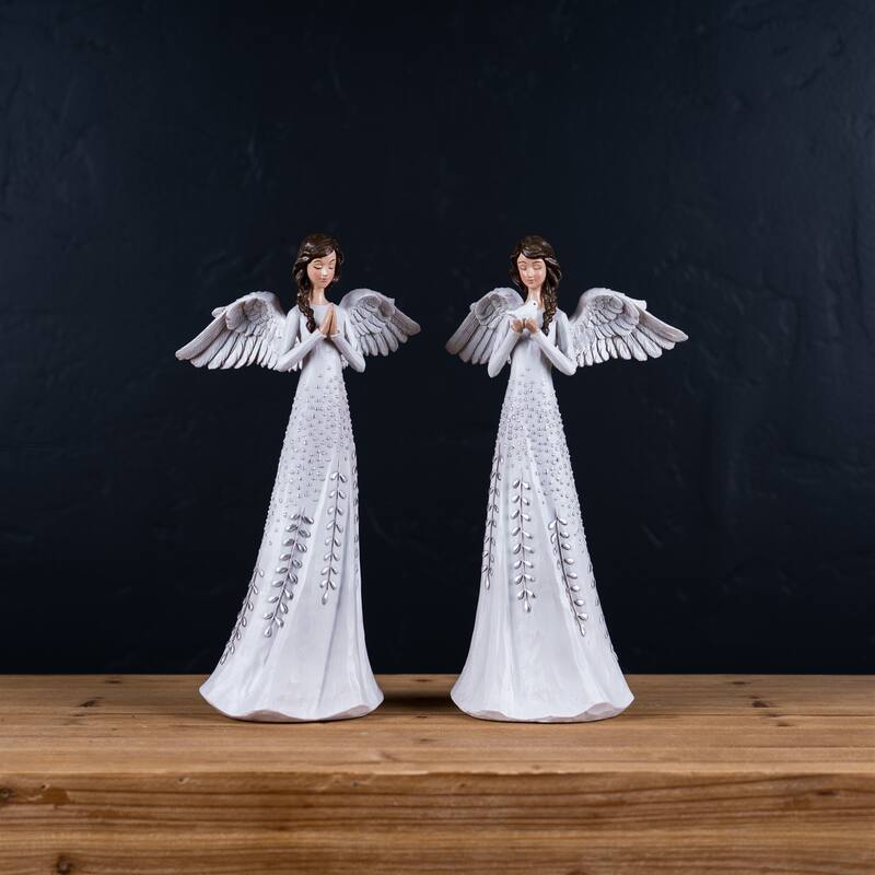 Angel Figurine with Silver Floral Accent (Set of 2)