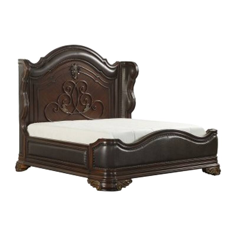 Rise 4 Piece Queen Bedroom Set, Arched Wing Design, Leatherette Padding, Brown