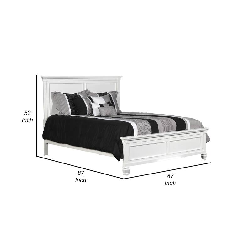Umi Queen Size Bed, Classic Panel Design with Molded Details, White Wood