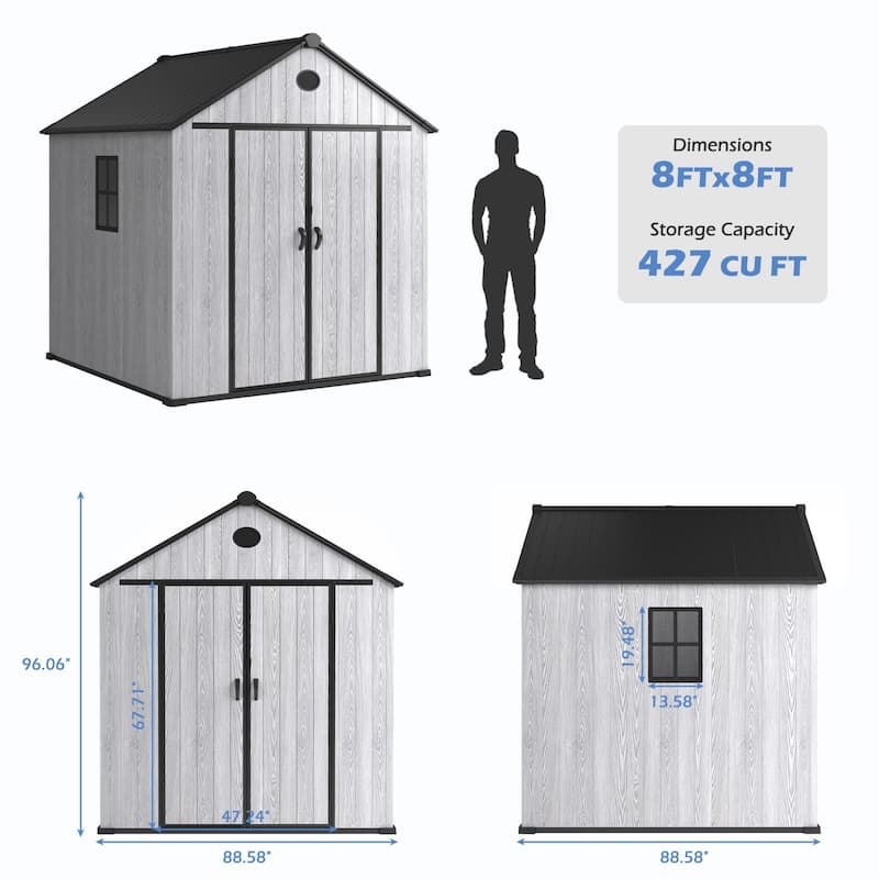 8ft Outdoor Plastic Storage Shed With Floor, 435 Cuft Waterproof Garden Shed With Lockable Door, Plastic Tool Storage