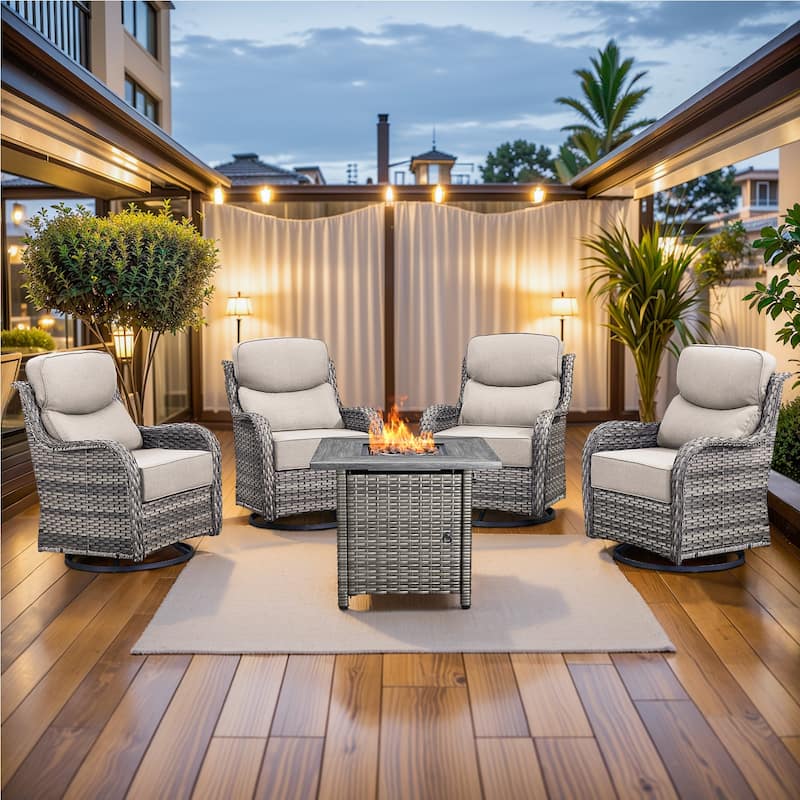 Pocassy Outdoor 6" Swivel Chairs with Fire Pit Table - 5 Pieces Swivel Chair with Fire Table - Grey Wicker Gray Cushion