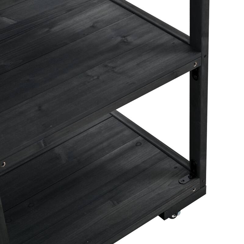 Solid Wood 62.3'' Patio Kitchen Island Kitchen Cart with Stainless Table Top, Garden Potting Bench with Raised Shelf and Drawers