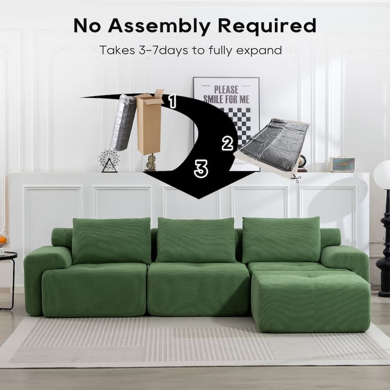 L-Shaped Convertible Sectional Sofa Bed - Memory Foam Cushions & Steel Frame, No Assembly Corduroy Sofa for Apartments