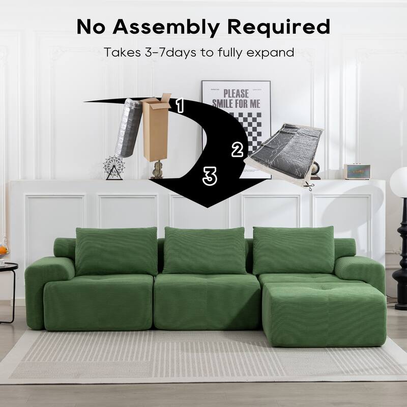 L-Shaped Sectional Convertible Sofa Bed, Corduroy Fabric, Green