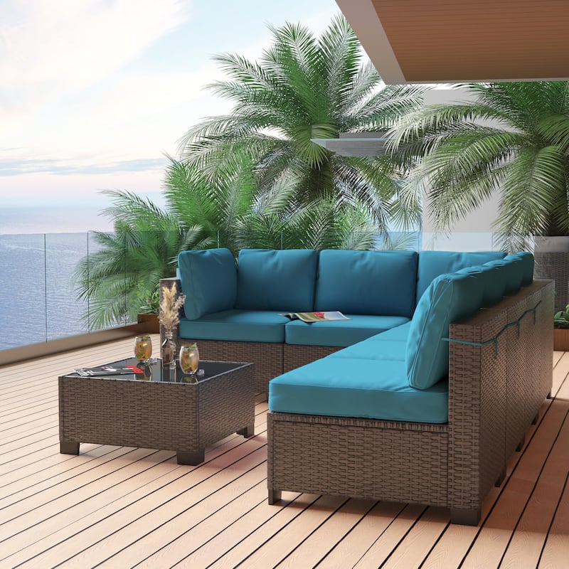 Patio Funiture Set 7 Pieces Outdoor Rattan with Detachable Soft Cushions Patio Conversation Sets
