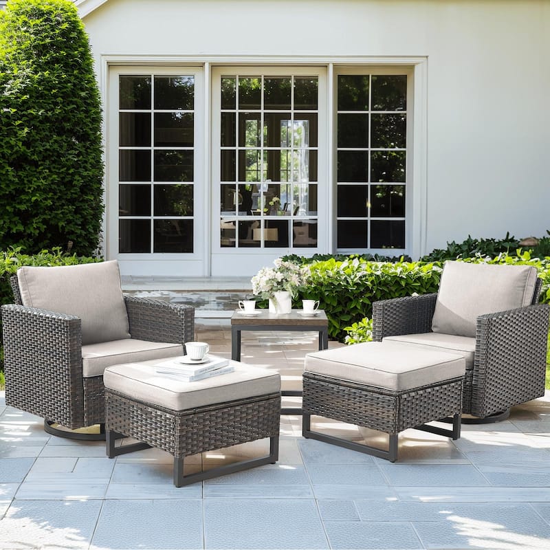 Pocassy Patio Swivel Chair with Soft Cushion - Brown Wicker Beige Cushion - 5PCS Swivel Chairs with Ottoman