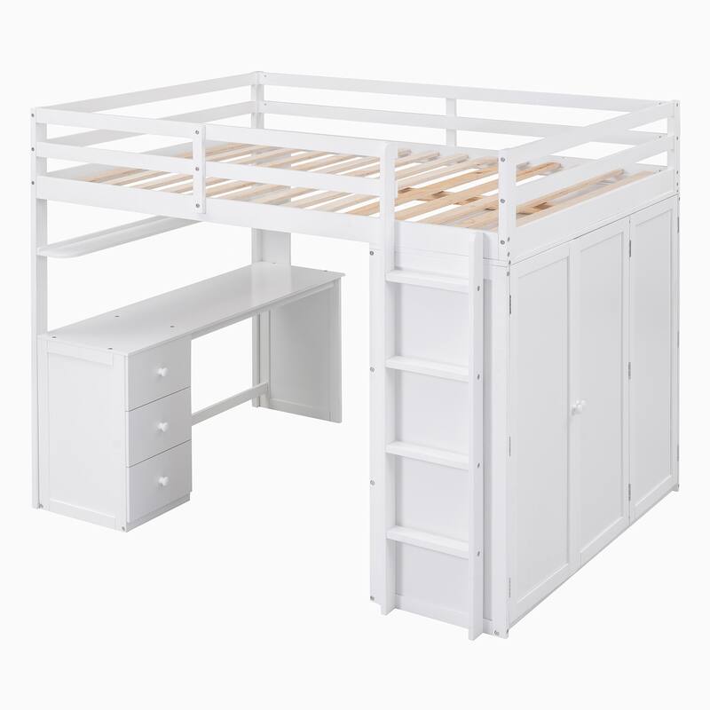 Full Size Wood Loft Bed with Drawers, Desk, Ladder and Wardrobe