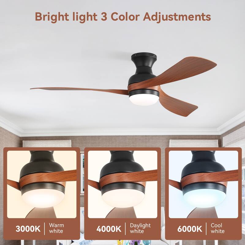 52-Inch Ceiling Fan With Light And Remote Control,With 3 ABS Fan Blades,Flush Mount Ceiling Fan with Reversible DC Motor - Black