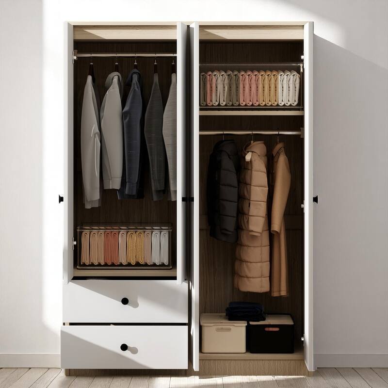 4 Door Wardrobe Armoire Closet with 2 Drawers, Shelves and Dual Hanging Rods, Pine Wood Storage Cabinet