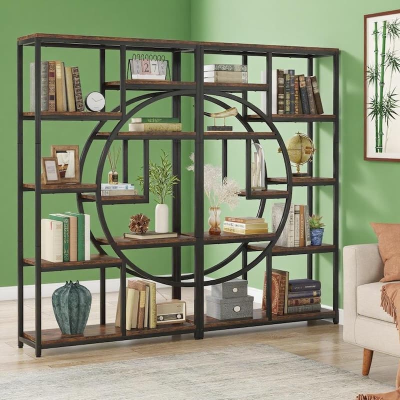 69" Tall Geometric Bookcase with 9 Open Shelves Metal Frame and Marble Laminate Top for Living Room - 37.4”L x 11.81”W x 68.89”H