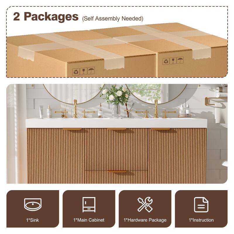 GDFStudio - Mercer Transitional Wall Mounted Bathroom Vanity Cabinet with Double SMC Sink, Soft Close Doors & Drawers